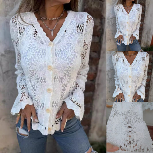 ✨ Bluză elegantă cu dantelă, decolteu în V și mâneci lungi pentru femei