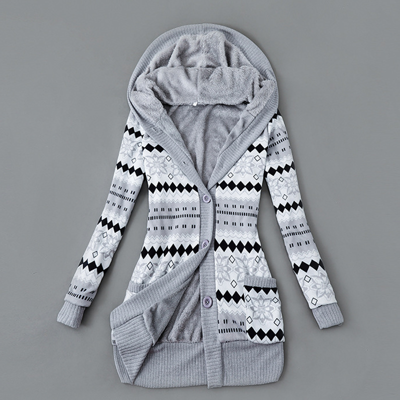 Langer Damen-Strickcardigan mit Kapuze und Plüschfutter