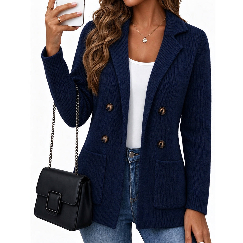 📢📢50%Rabatt!!!🎉✨Damen zweireihige Rippstrick-Strickjacke mit Taschen und Reverskragen