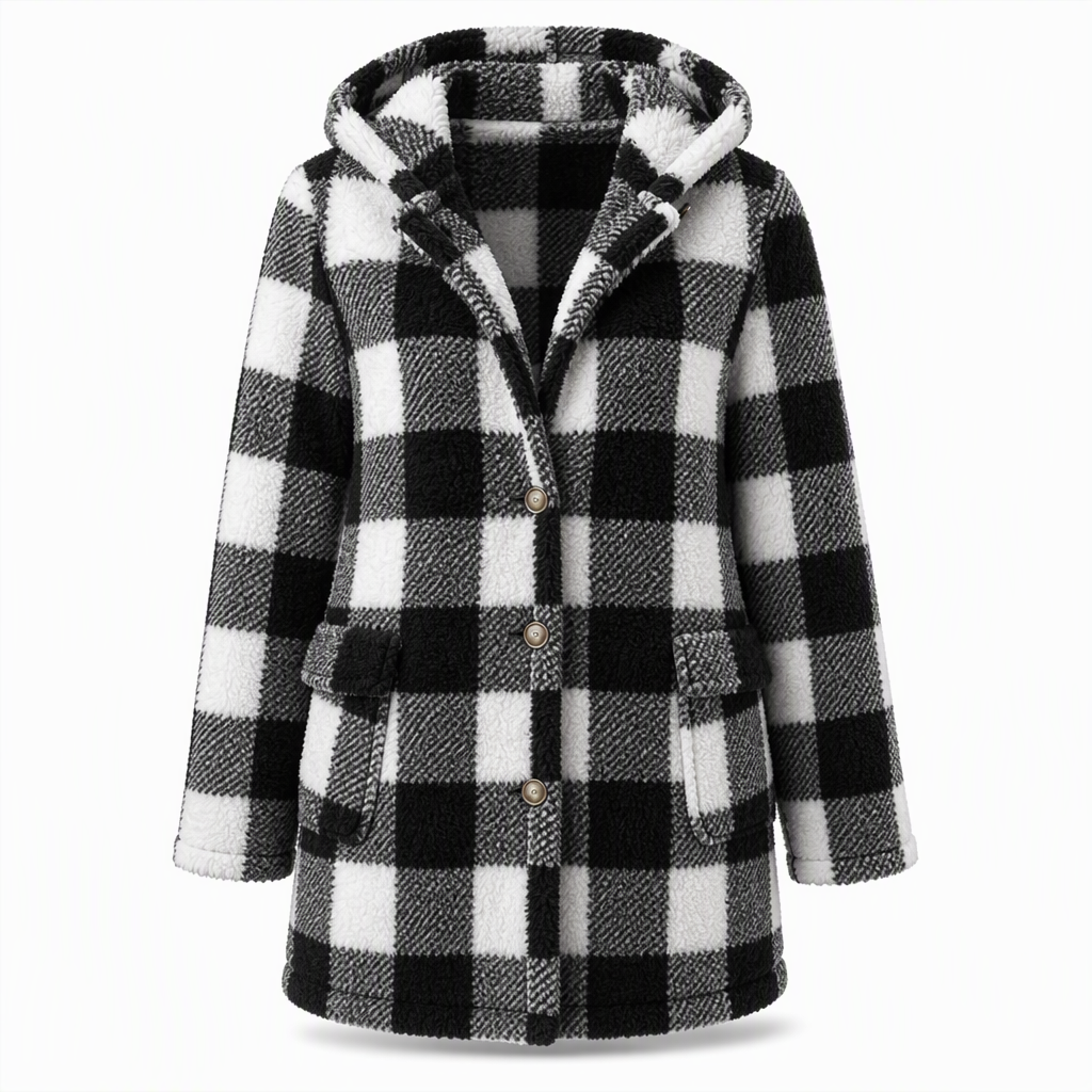 📢🎉Räumungsverkauf!!!🛍️✨Damen Langärmeliger kariierter Mantel aus Kunstfell mit Kapuze