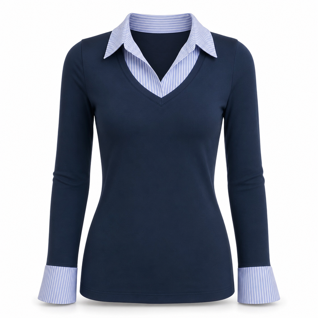 Damen Streifenimitat Zweiteiler Langarm Strickpullover Preppy-Stil Schmaler Passform Pullover-Oberteil