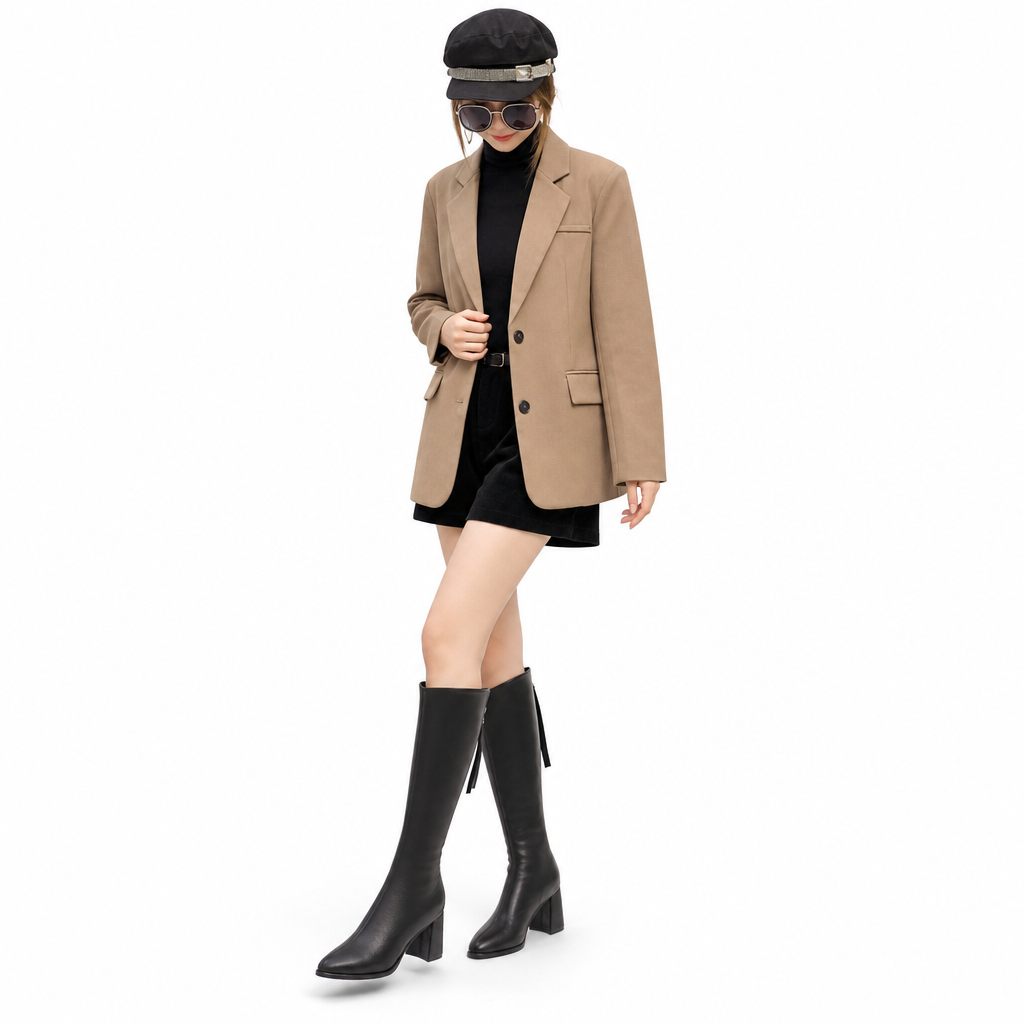Damen Reitstiefel mit spitzer Zehenpartie, kniehoch, klobigen High Heels und Reißverschluss hinten