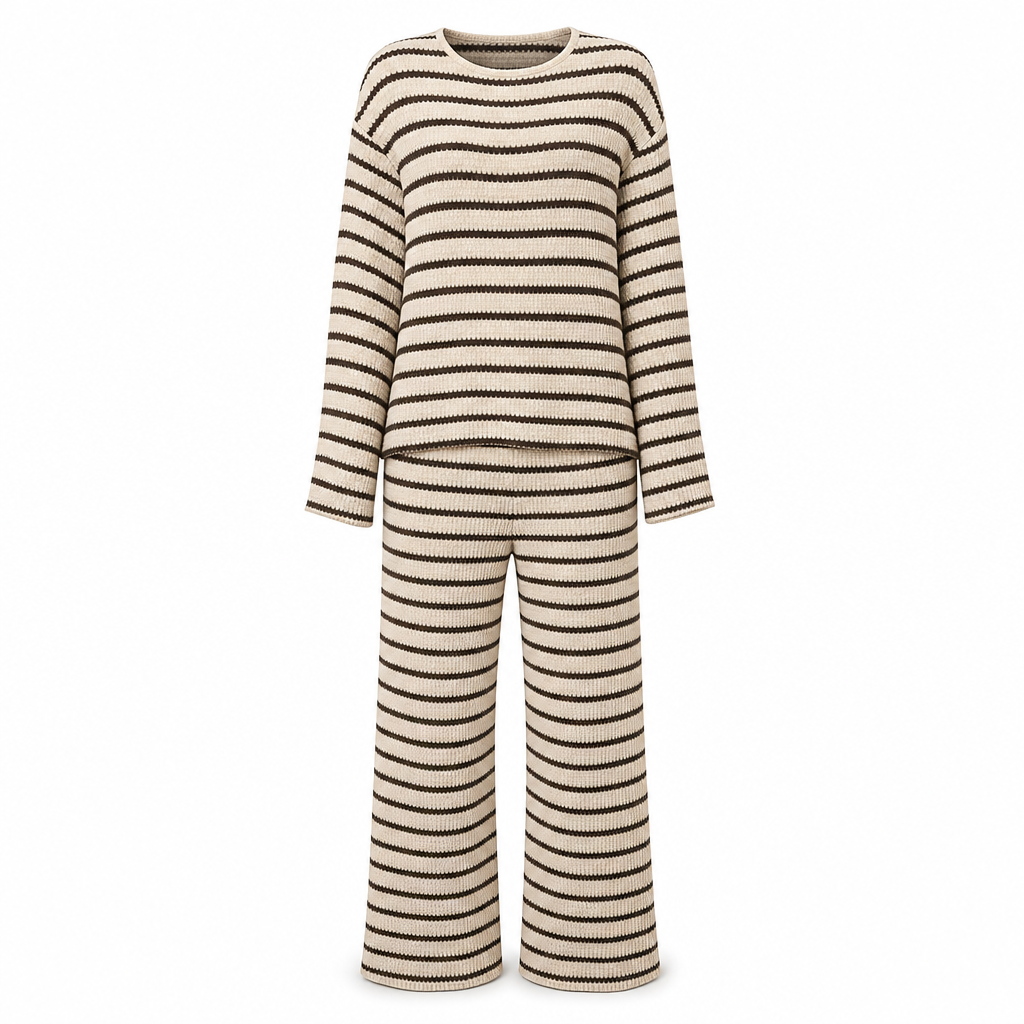 🔥 Nur heute!🔥 Freizeit-Loungewear-Set für Damen: lockeres, gestreiftes Langarmshirt mit Rundhalsausschnitt und Hose mit Kordelzug