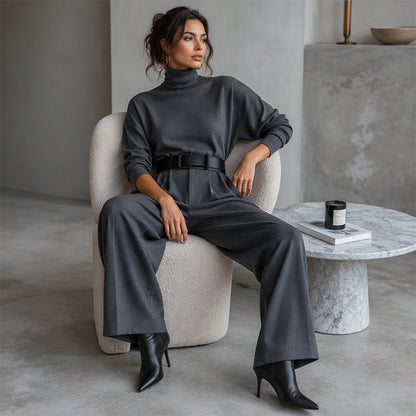 📢📢50%Rabatt!!!🎉✨Eleganter Damen-Zweiteiler: Rollkragen-Shirt & Hose mit hohem Bund