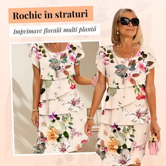 🌸 Rochie în cascadă cu imprimare florală în mai multe plante