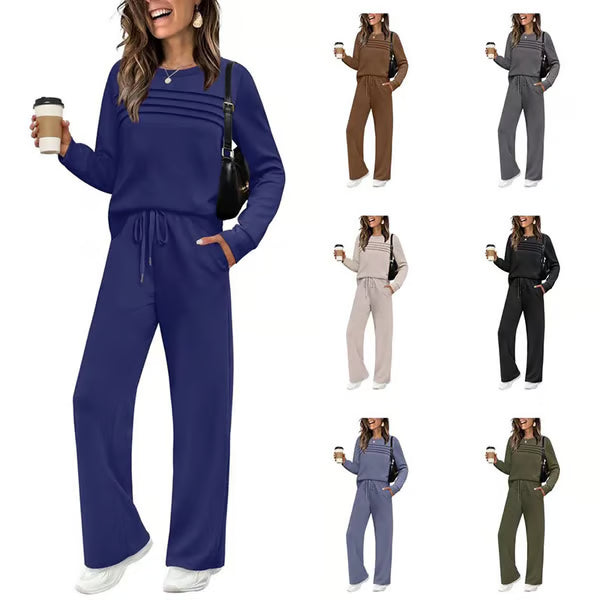 🔥LETZTER TAG 70 % RABATT👍✨Set aus Damen-Oberteil mit Rundhalsausschnitt und Hose mit Kordelzug