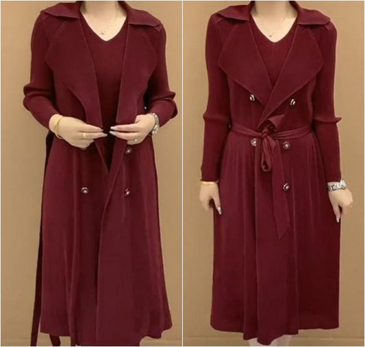 Moda plisat Suit guler fals două piese Trench Coat