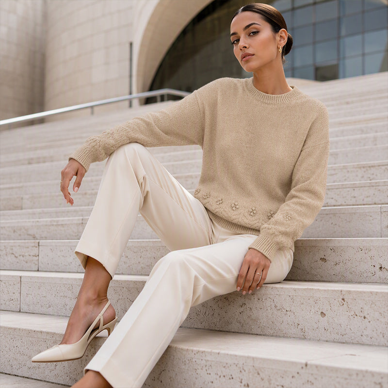 Damen Retro-Strickpullover mit Rundhalsausschnitt in Unifarbe