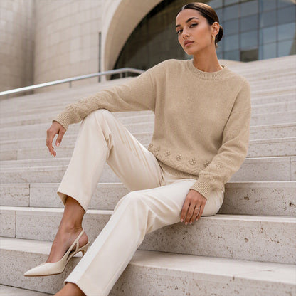 Damen Retro-Strickpullover mit Rundhalsausschnitt in Unifarbe