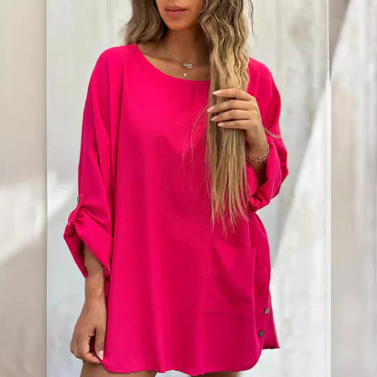 Roll Sleeve Femei culoare solidă Loose Top