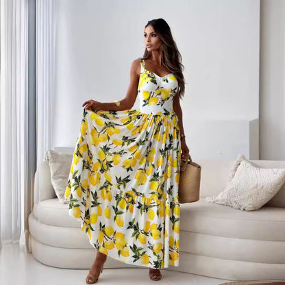 🍋Femei Elegant Lemon Print Spaghetti Strap Flowy rochie lungă