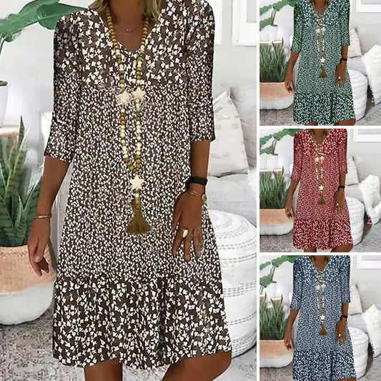 🌸Moda imprimate mijlocul maneca V-Neck rochii