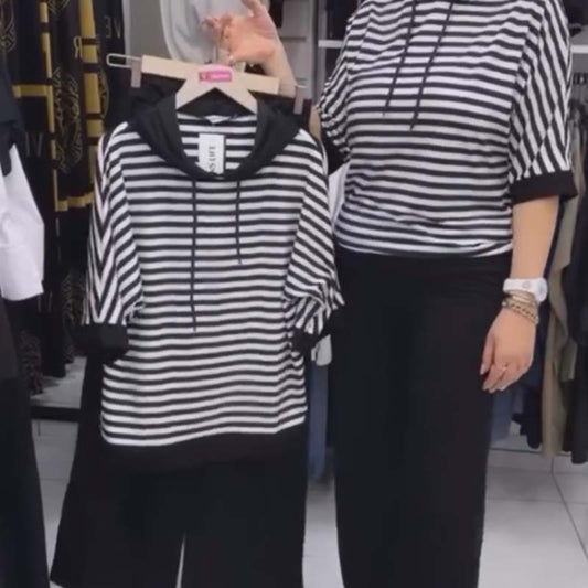 🔥 Top cu dungi casual pentru femei și set de pantaloni solizi