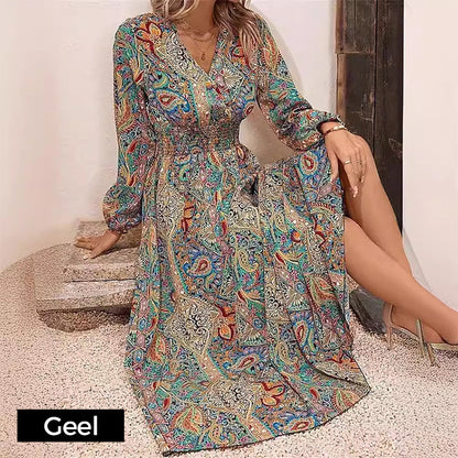 ✨【M-4XL】🔥Rochie maxi cu mânecă lungă imprimată cu decolteu în V🌸