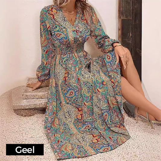 ✨【M-4XL】🔥Rochie maxi cu mânecă lungă imprimată cu decolteu în V🌸