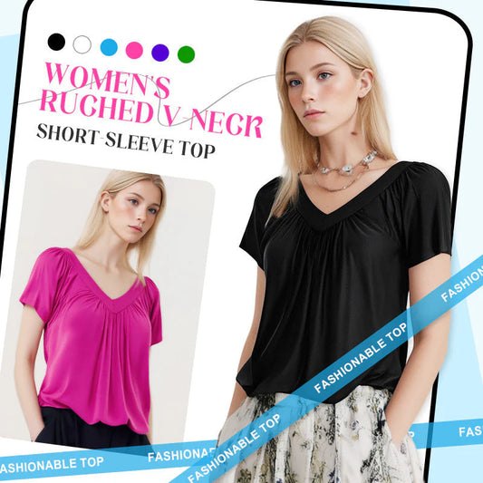 💖 V-Neck Casual plisat cu mânecă scurtă Top
