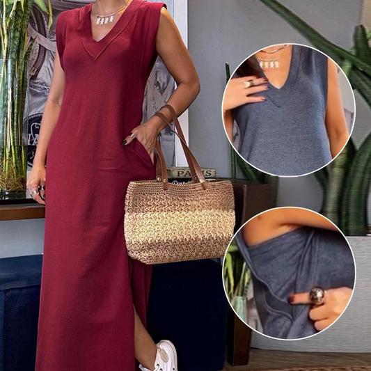Femei V-Neck fără mâneci Split Maxi rochie