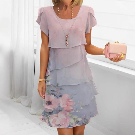 🌸Rochie de tort elegantă cu imprimare florală și gât rotund
