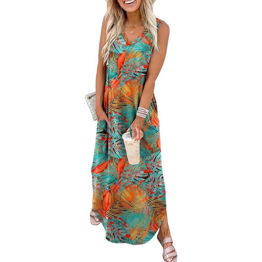 👗Rochie lungă de plajă imprimată fără mâneci, lejeră