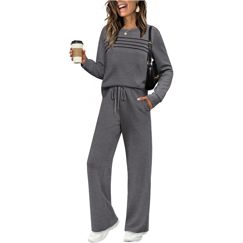 🔥LETZTER TAG 70 % RABATT👍✨Set aus Damen-Oberteil mit Rundhalsausschnitt und Hose mit Kordelzug