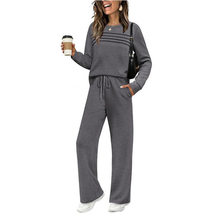 🔥LETZTER TAG 70 % RABATT👍✨Set aus Damen-Oberteil mit Rundhalsausschnitt und Hose mit Kordelzug