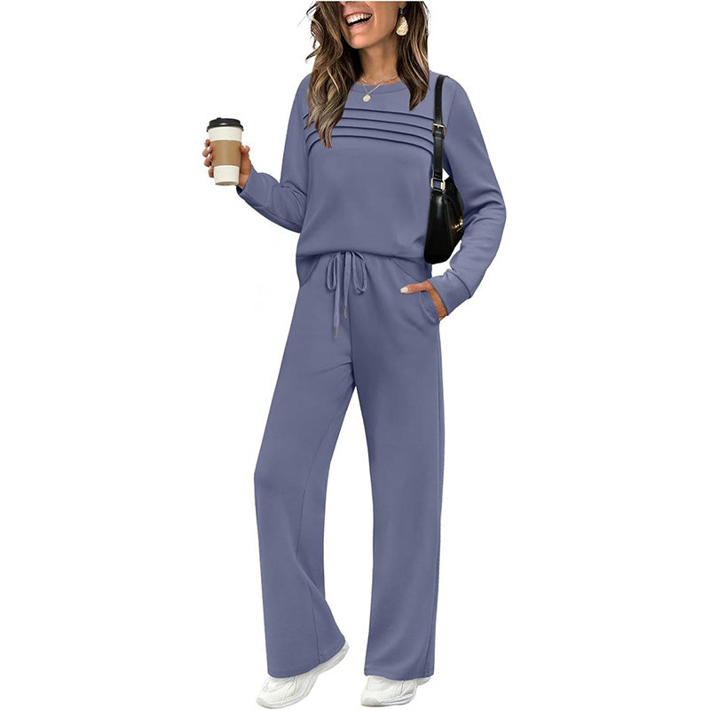 🔥LETZTER TAG 70 % RABATT👍✨Set aus Damen-Oberteil mit Rundhalsausschnitt und Hose mit Kordelzug