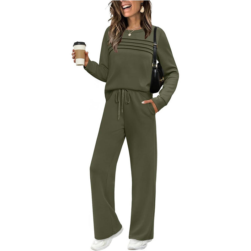 🔥LETZTER TAG 70 % RABATT👍✨Set aus Damen-Oberteil mit Rundhalsausschnitt und Hose mit Kordelzug