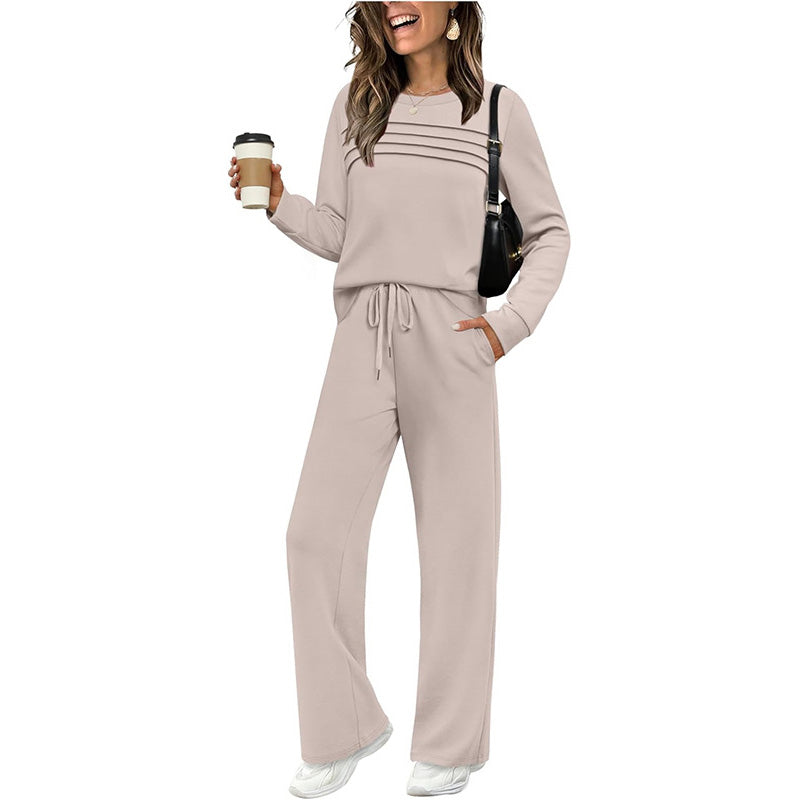 🔥LETZTER TAG 70 % RABATT👍✨Set aus Damen-Oberteil mit Rundhalsausschnitt und Hose mit Kordelzug