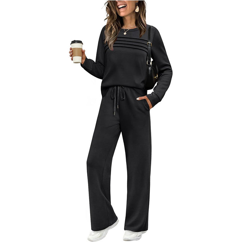 🔥LETZTER TAG 70 % RABATT👍✨Set aus Damen-Oberteil mit Rundhalsausschnitt und Hose mit Kordelzug