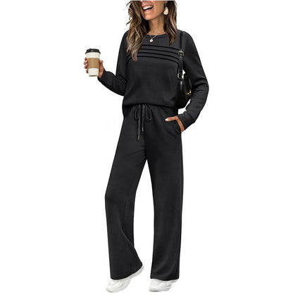 🔥LETZTER TAG 70 % RABATT👍✨Set aus Damen-Oberteil mit Rundhalsausschnitt und Hose mit Kordelzug