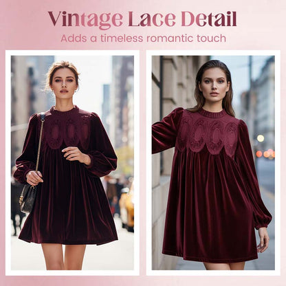 🎉 Neujahrsgeschenk – 50% RABATT!🌸 Vintage-Tunikakleid mit Spitzeneinsatz: A-Linie + Bischofsärmel – bequem elegant für Tag & Abend