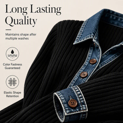 🚨 Eilmeldung: 50% endet heute Nacht! Langärmliges Patchwork-Strickoberteil für Damen mit Jeanskragen