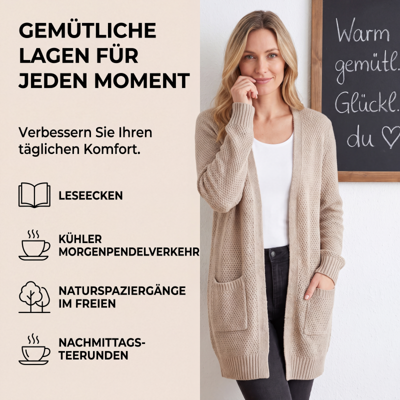 Langer Damen-Strickcardigan mit Kapuze und Plüschfutter