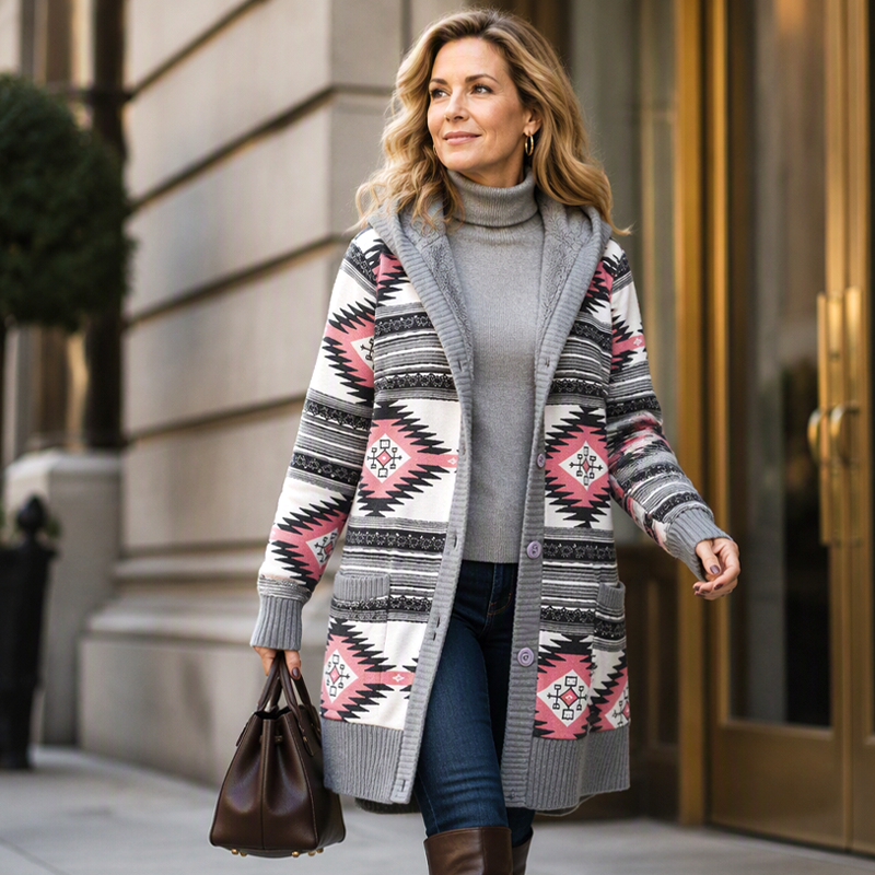 Langer Damen-Strickcardigan mit Kapuze und Plüschfutter