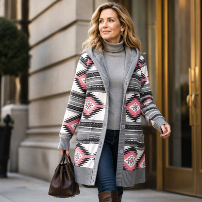 Langer Damen-Strickcardigan mit Kapuze und Plüschfutter