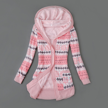 Langer Damen-Strickcardigan mit Kapuze und Plüschfutter