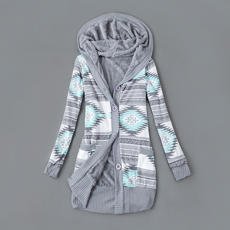 Langer Damen-Strickcardigan mit Kapuze und Plüschfutter
