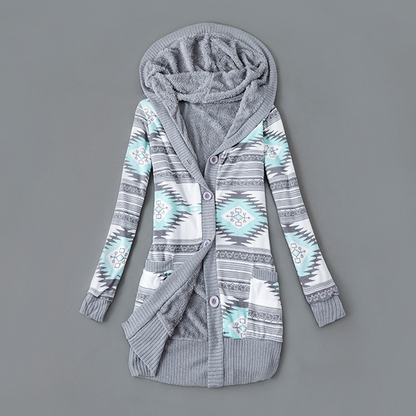 Langer Damen-Strickcardigan mit Kapuze und Plüschfutter
