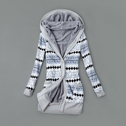 Langer Damen-Strickcardigan mit Kapuze und Plüschfutter