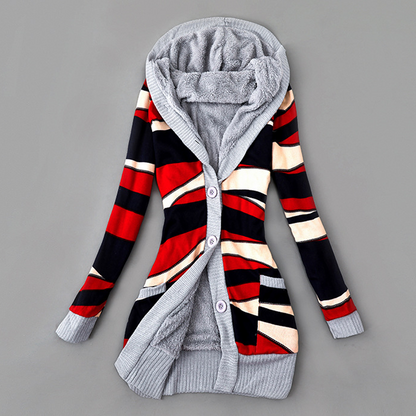 Langer Damen-Strickcardigan mit Kapuze und Plüschfutter