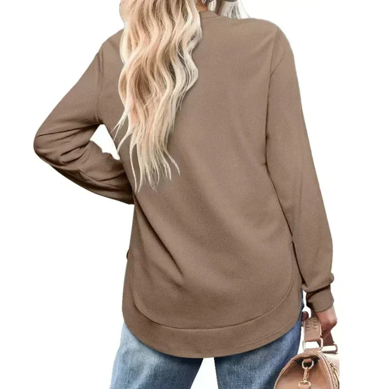 ✨💕 Damen-Langarmshirt mit Rundhalsausschnitt und High-Low-Saum – Lockerer Fall, klare Linien & vielseitiger Alltagsstil 👚