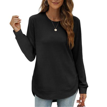 ✨💕 Damen-Langarmshirt mit Rundhalsausschnitt und High-Low-Saum – Lockerer Fall, klare Linien & vielseitiger Alltagsstil 👚