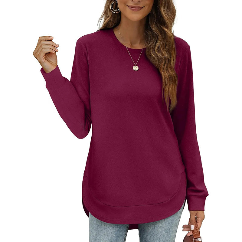 ✨💕 Damen-Langarmshirt mit Rundhalsausschnitt und High-Low-Saum – Lockerer Fall, klare Linien & vielseitiger Alltagsstil 👚
