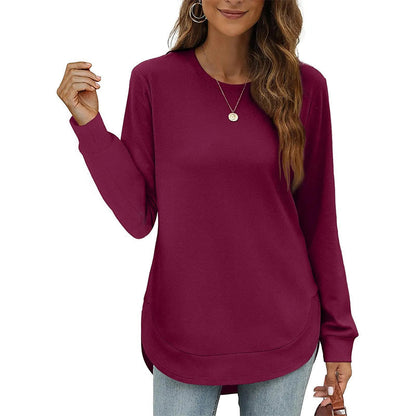 ✨💕 Damen-Langarmshirt mit Rundhalsausschnitt und High-Low-Saum – Lockerer Fall, klare Linien & vielseitiger Alltagsstil 👚