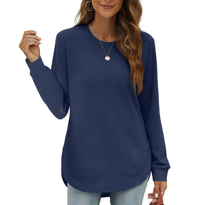 ✨💕 Damen-Langarmshirt mit Rundhalsausschnitt und High-Low-Saum – Lockerer Fall, klare Linien & vielseitiger Alltagsstil 👚