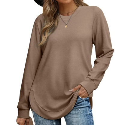 ✨💕 Damen-Langarmshirt mit Rundhalsausschnitt und High-Low-Saum – Lockerer Fall, klare Linien & vielseitiger Alltagsstil 👚