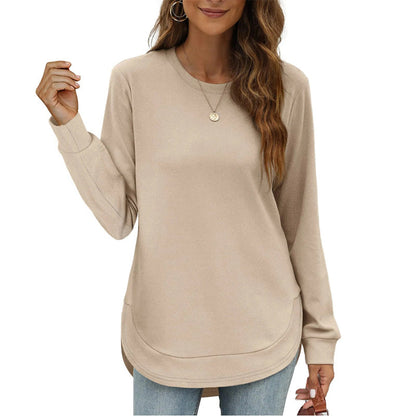 ✨💕 Damen-Langarmshirt mit Rundhalsausschnitt und High-Low-Saum – Lockerer Fall, klare Linien & vielseitiger Alltagsstil 👚