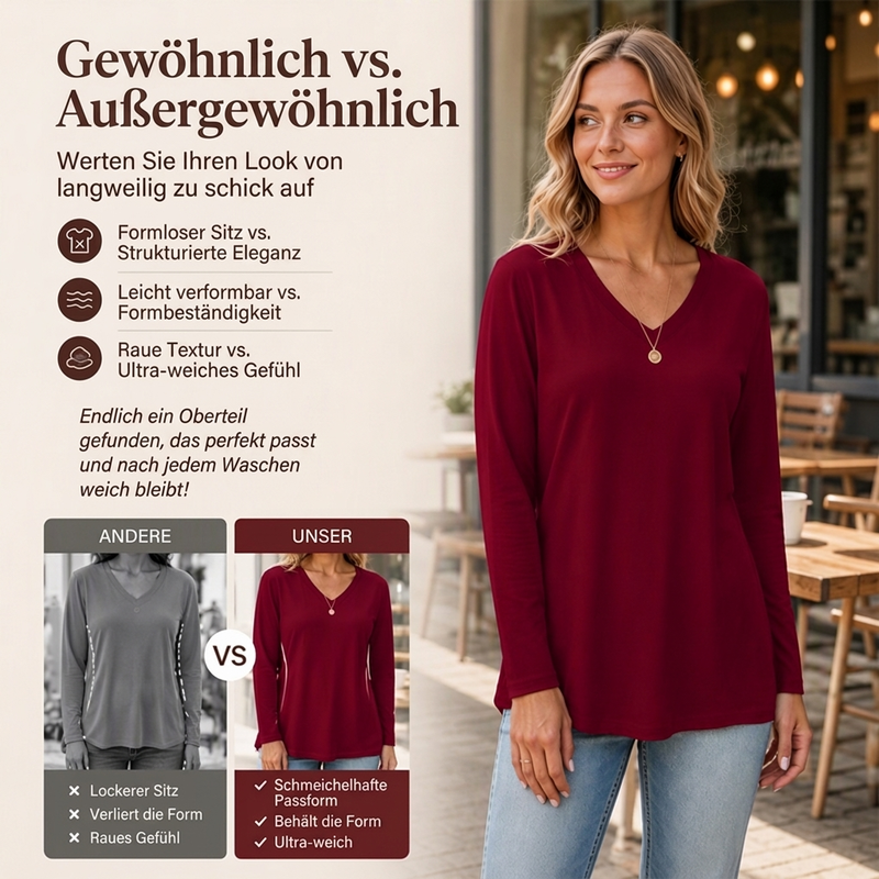 🌿 Lässig & feminin – Langarmshirt mit V-Ausschnitt – Weicher Stoff, lockerer Schnitt & vielseitig kombinierbar – Jetzt 50% Rabatt!