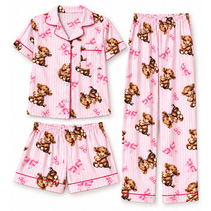 🧸💕 Damen-3-teiliges Pyjama-Set mit Teddybär-Print – Weich, gemütlich & vielseitig für entspannte Nächte 🌙