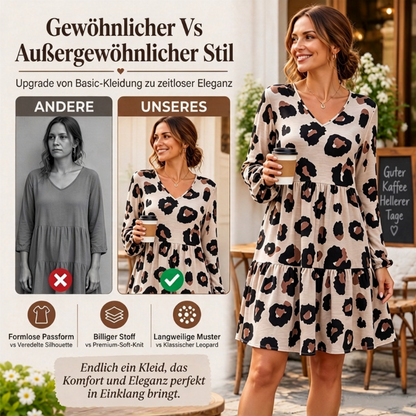 🚨Nur noch wenige auf Lager! Beeil dich!🚨 Damen Kleid mit Leopardenmuster, V-Ausschnitt und langen Ärmeln